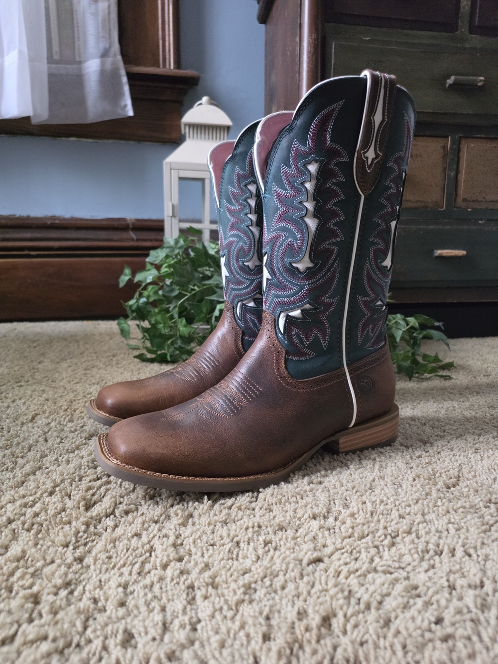 Durango Brown Leather Western Boots with Teal and Pink Shaft Accents
